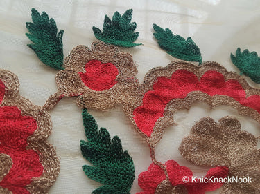 Beige Soft Net Lace Trim With Red, Green And Gold Floral Embroidery, Indian Trims